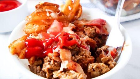 Loaded Cheeseburger Waffle Fry Bake