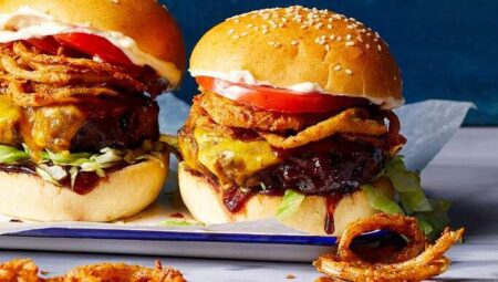 Copycat Red Robin Whiskey River BBQ Burger with Onion Straws