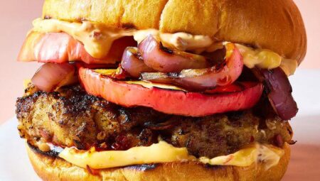 Hamburgers with Grilled Apple and Chili Crisp