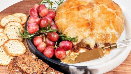 Caramelized Onion and Bacon Baked Brie with Fig Jam